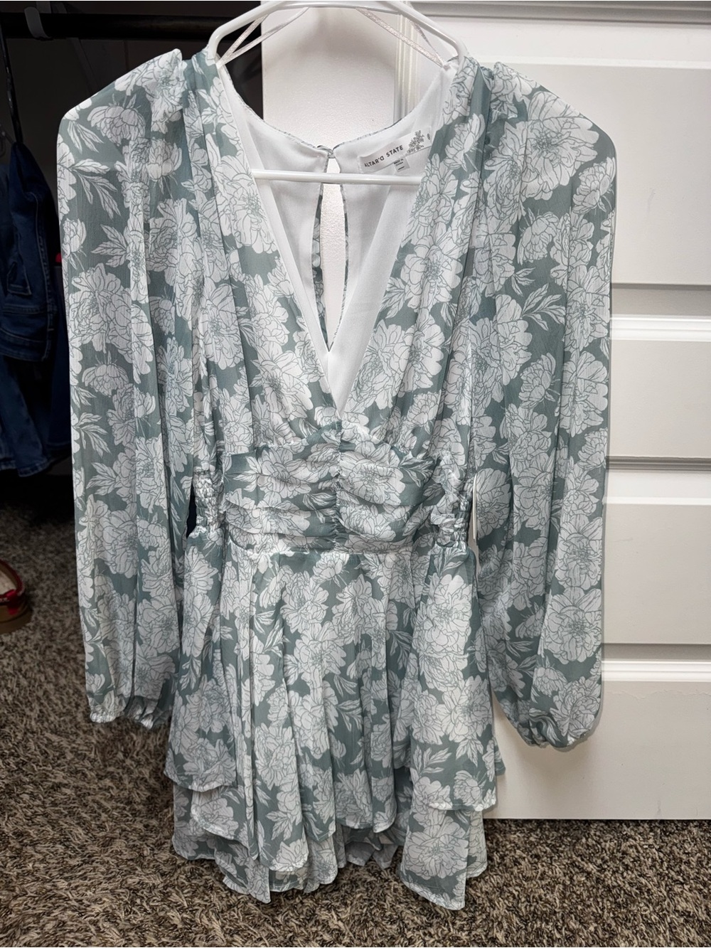 Altar’d State Sage Green Floral V-Neck Long Sleeve Romper